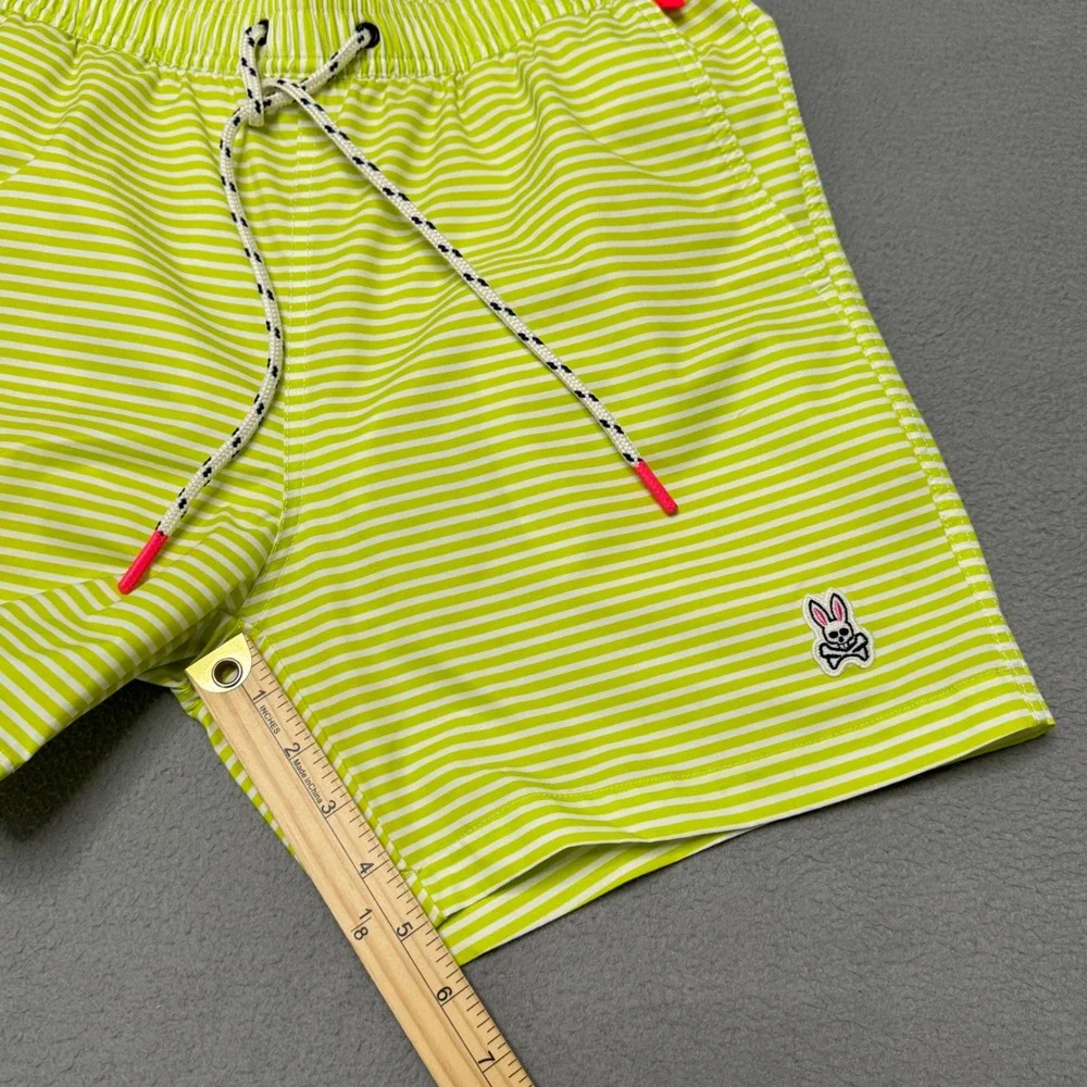 Psycho Bunny Swim Trunks Mens S Green Striped Polyester Mesh Lined Board Shorts
